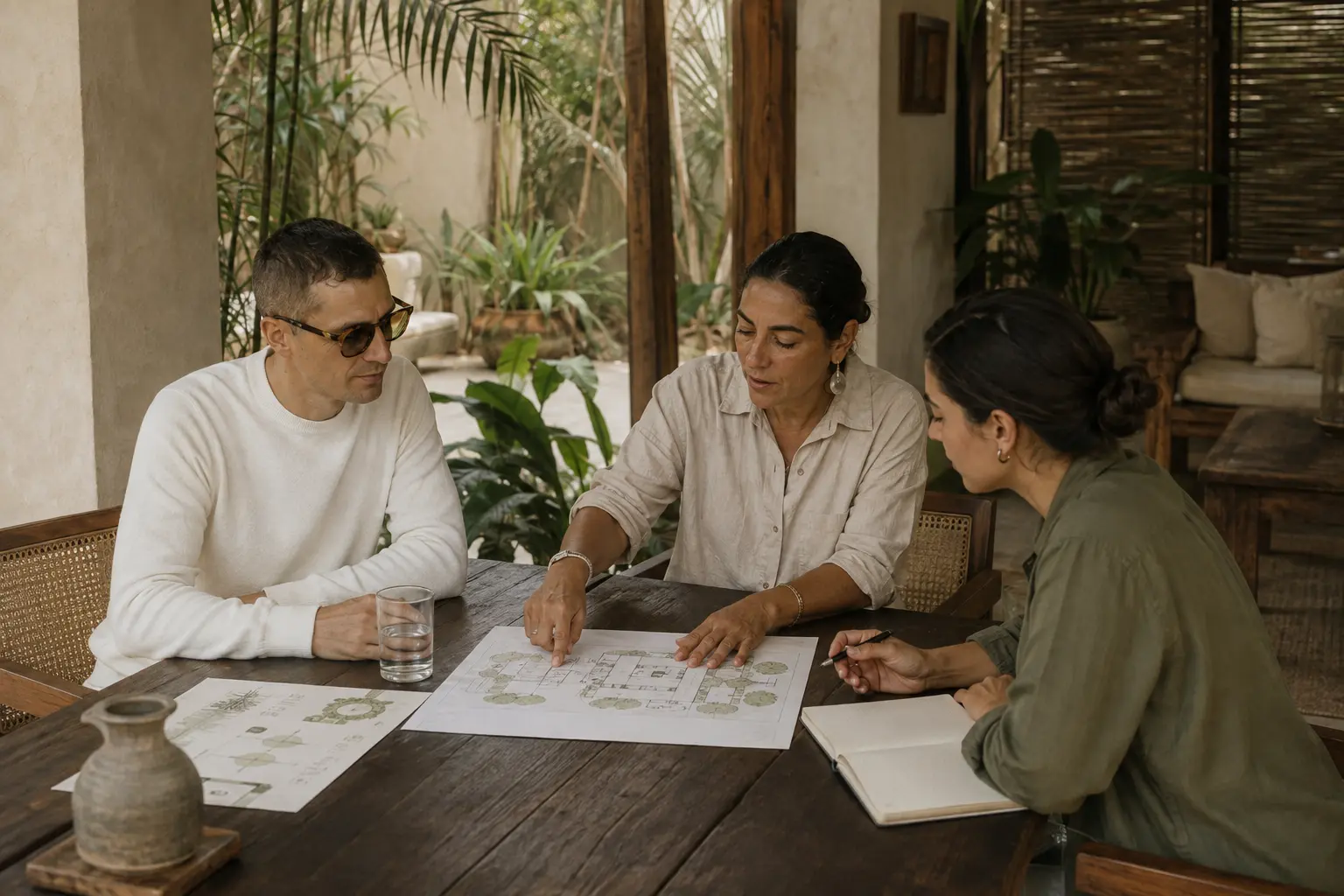 Francisco Lugo revisando planos de una propiedad con su dueña y su equipo